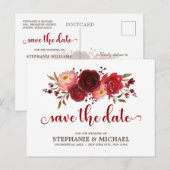 Burgundy Marsala Red Roses Save the Date 案内ポストカード (正面/裏面)