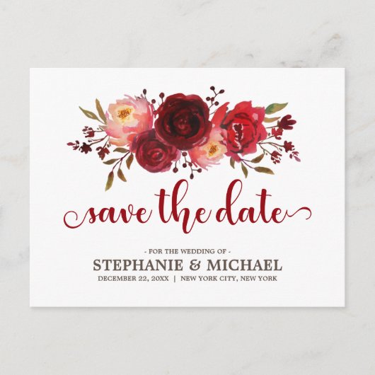 Burgundy Marsala Red Roses Save the Date 案内ポストカード (正面)