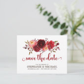 Burgundy Marsala Red Roses Save the Date 案内ポストカード (スタンド正面)
