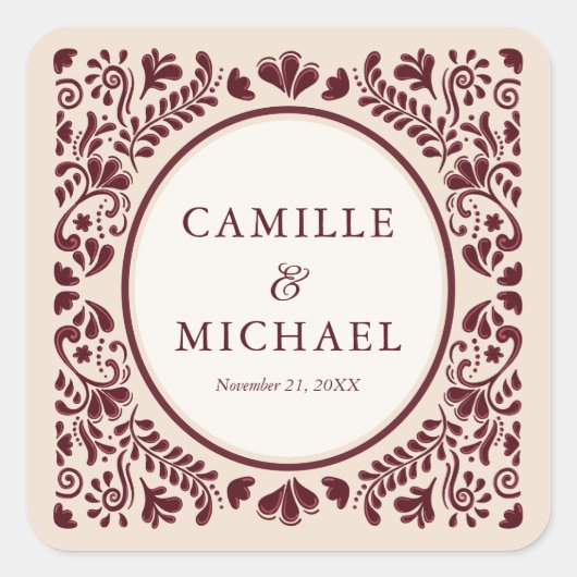 Burgundy Mexican Talavera Wedding Sticker スクエアシール (正面)