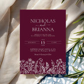 Burgundy Minimalist Wildflower Wedding Photo 招待状