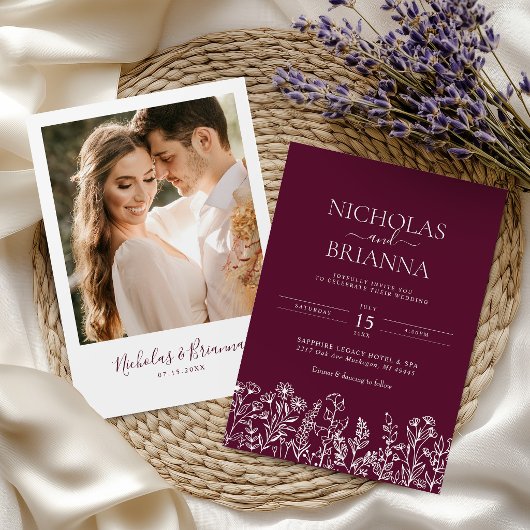 Burgundy Minimalist Wildflower Wedding Photo 招待状
