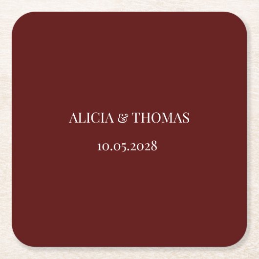 Burgundy Modern Initials Minimalist Wedding  スクエアペーパーコースター (正面)
