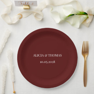 Burgundy Modern Initials Minimalist Wedding  ペーパープレート