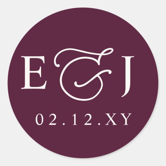 Burgundy Modern Initials Monogram Wedding ラウンドシール (正面)