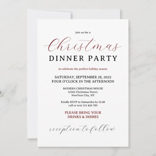 Burgundy Modern Minimal Christmas Dinner Party 招待状 (正面)