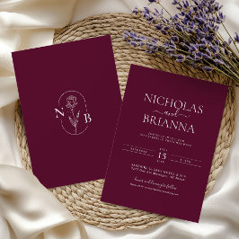 Burgundy Modern Minimalist Boho Wedding Monogram 招待状