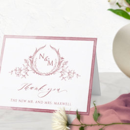 Burgundy Monogramエレガント、水彩画結婚像 サンキューカード