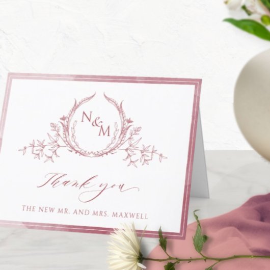Burgundy Monogramエレガント、水彩画結婚像 サンキューカード