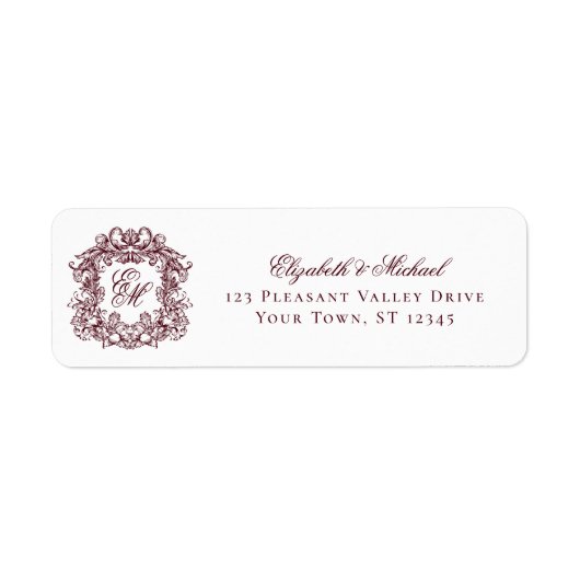 Burgundy Monogram Crest Wedding Return Address ラベル (正面)