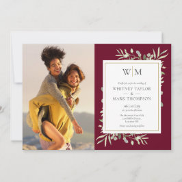 Burgundy Monogram Greeneryの写真結婚の 招待状