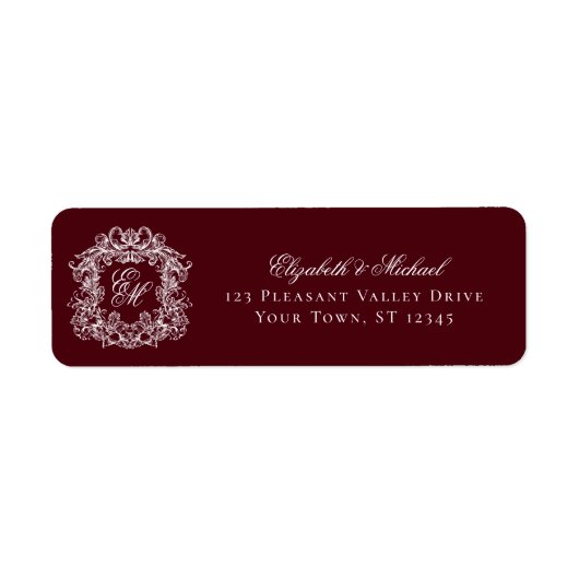 Burgundy Monogram Wedding Crest Return Address ラベル (正面)