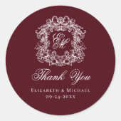 Burgundy Monogram Wedding Crest Thank You ラウンドシール (正面)