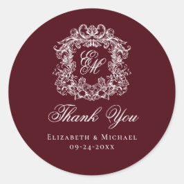 Burgundy Monogram Wedding Crest Thank You ラウンドシール