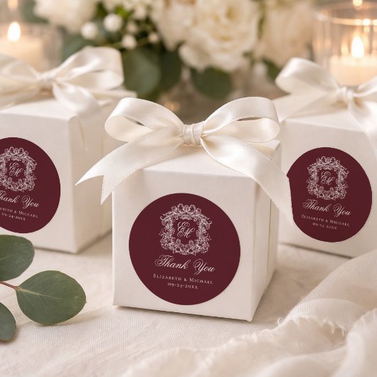 Burgundy Monogram Wedding Crest Thank You ラウンドシール