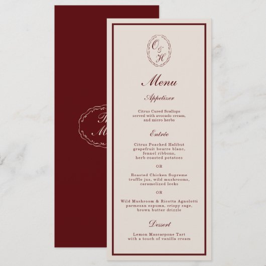 Burgundy Monogram Wedding Long Menu Card 招待状 (正面/裏面)