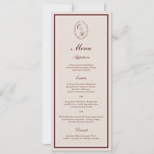 Burgundy Monogram Wedding Long Menu Card 招待状 (正面)