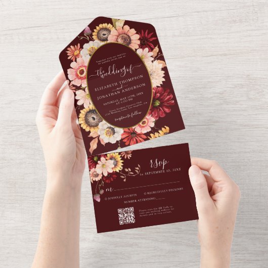 Burgundy Moody秋フローラ金ゴールドQR 結婚 RSVP オールインワン招待状 (貼ってはがせる)