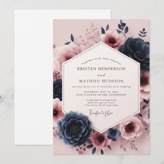 Burgundy Moody Bloom Assemblage Wedding 招待状 (正面/裏面)