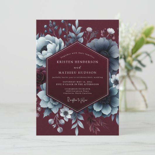 Burgundy Moody Bloom Elegance Wedding 招待状 (スタンド正面)