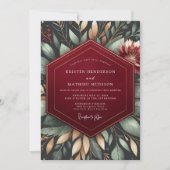 Burgundy Moody Botanical Romance Wedding 招待状 (正面)