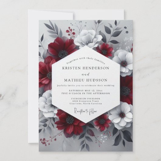 Burgundy Moody Botanical Wedding 招待状 (正面)