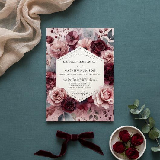 Burgundy Moody Floral Romance Wedding 招待状