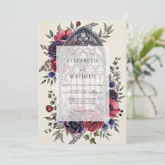 Burgundy Moody Gothic Cathedral Wedding 招待状 (スタンド正面)