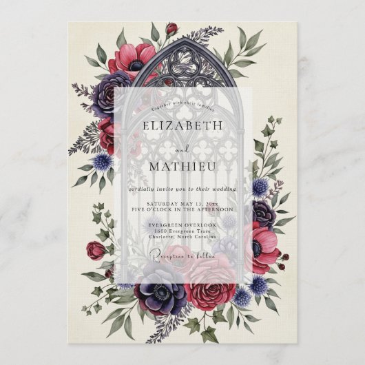 Burgundy Moody Gothic Cathedral Wedding 招待状 (正面)