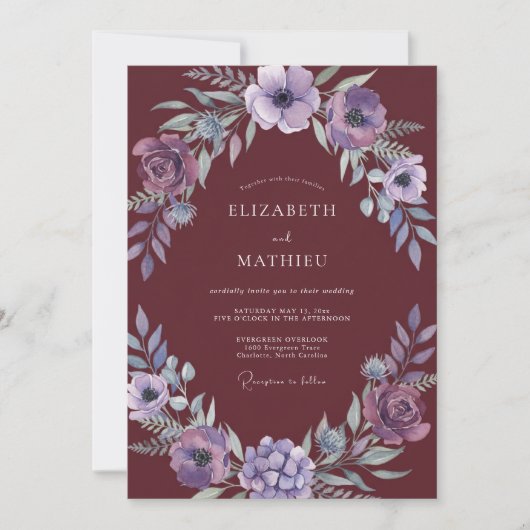 Burgundy Moody Lavender Autumnal Wedding 招待状 (正面)