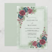 Burgundy Moody Winter Floral Wedding 招待状 (正面/裏面)