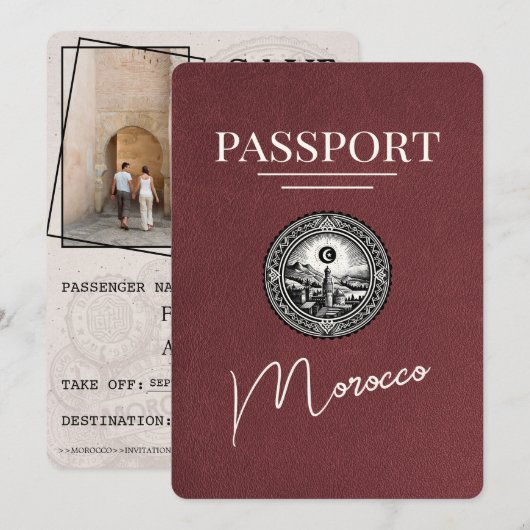 Burgundy Morocco Passport日付の保存 セーブザデート (正面/裏面)