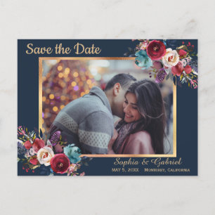 Burgundy Navyフローラブルー写真Save the Date 案内ポストカード