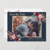Burgundy Navyフローラブルー写真Save the Date 案内ポストカード (正面/裏面)