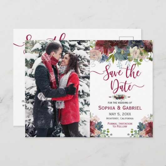 Burgundy Navyモダンフローラ日付写真を保存 案内ポストカード (正面/裏面)