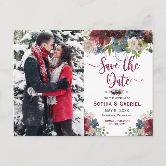 Burgundy Navyモダンフローラ日付写真を保存 案内ポストカード (正面)