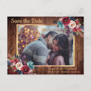 Burgundy Navy素朴フローラ写真Save the Date 案内ポストカード
