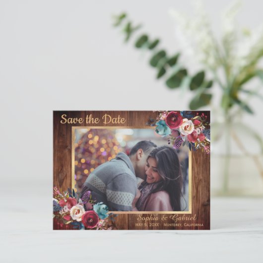 Burgundy Navy素朴フローラ写真Save the Date 案内ポストカード (スタンド正面)