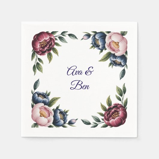 Burgundy Navy and Blush Peony Wedding Floral スタンダードカクテルナプキン (正面)