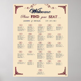 Burgundy Navy and Ivory Chic Wedding Seating Chart ポスター