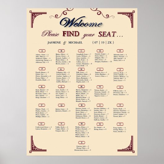 Burgundy Navy and Ivory Chic Wedding Seating Chart ポスター (正面)