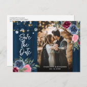 Burgundy Navy Blue赤面写真Save The Date ポストカード (正面/裏面)