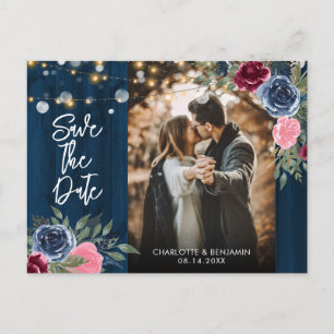 Burgundy Navy Blue赤面写真Save The Date ポストカード