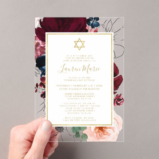 Burgundy Navy Blue Floral Bat Mitzvah アクリル招待状 (インサイチュ (ポータブル))