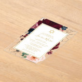 Burgundy Navy Blue Floral Bat Mitzvah アクリル招待状 (レイダウン)