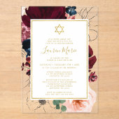 Burgundy Navy Blue Floral Bat Mitzvah アクリル招待状 (正面)