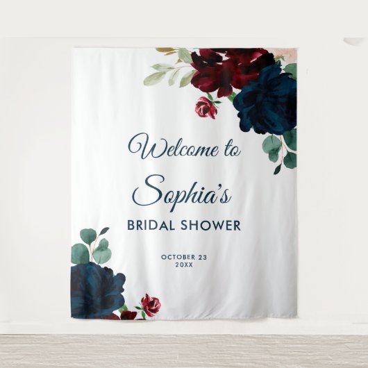 Burgundy & Navy Blue Flowers Rustic Bridal Shower タペストリー (正面)