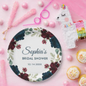 Burgundy & Navy Blue Flowers Rustic Bridal Shower ペーパープレート (パーティー)