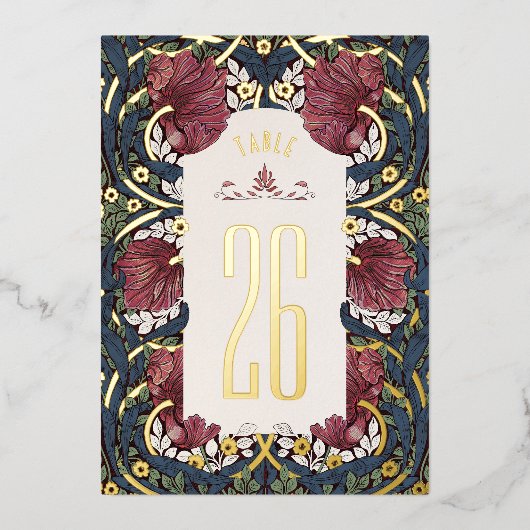 Burgundy Navy Blue Pimpernel Morris Table Numbers 箔招待状 (正面)