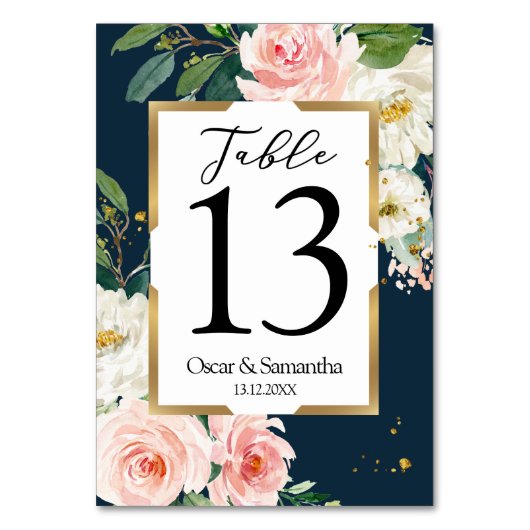 Burgundy Navy Blue & Pinkフローラ金ゴールドフレーム テーブルナンバー (正面)